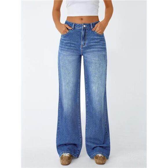 Women Wide Straight Leg High Waisted Jeans Blue - Picture 2 of 5